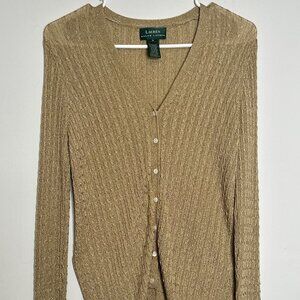 Ralph Lauren women's long-sleeved knitted blouse in a gold metallic rayon blend.